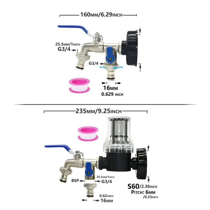 Adaptateur de robinet de réservoir IBC de 1000 litres, filetage S60X6, tuyau d'arrosage 1/2 voies, r