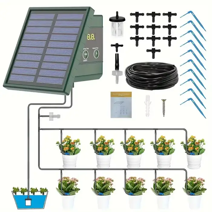 Kit d'irrigation goutte-à-goutte solaire pour lits surélevés, serres, jardins végétaux, plantes suspendues et projets DIY