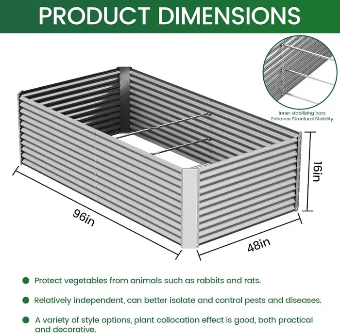 Lit de jardin surélevé galvanisé de 8x4 pieds de haut, lit de jardin au-dessus du sol pour légumes, 