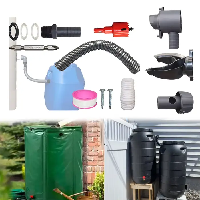 Système de gouttière, collecteur d'eau de pluie gris et blanc, solution durable de gestion de l'eau,