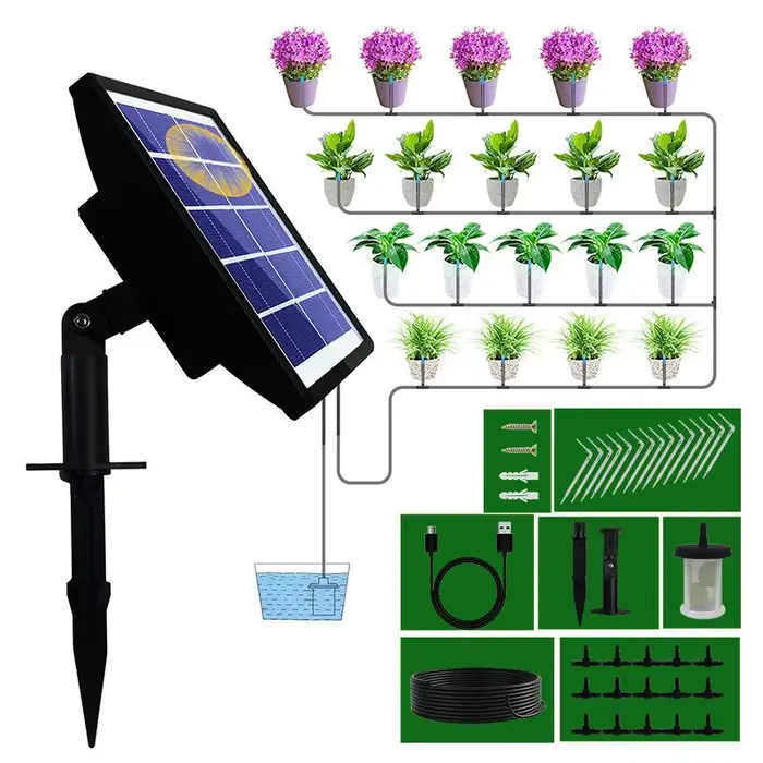 Kit de système d'irrigation goutte à goutte automatique solaire pour jardin extérieur et intérieur avec anti-siphon et modes d'arrosage manuel et automatique pour plantes vertes