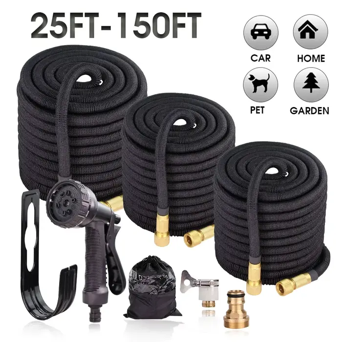 Tuyau d'arrosage de jardin extensible noir, 25-150 pieds, odorà eau, kit de pulvérisateur pour la ma