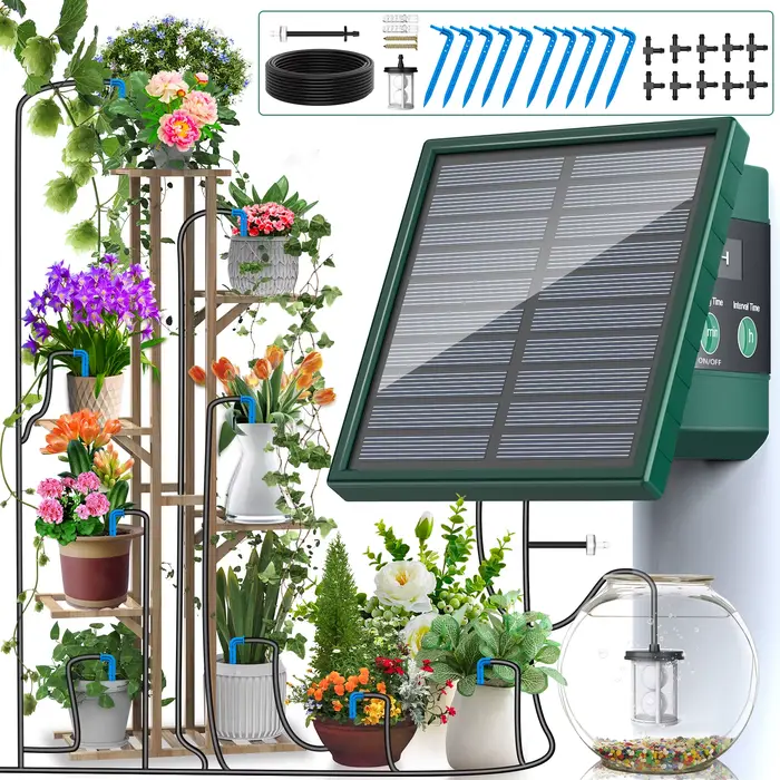 Système d'irrigation solaire, système d'arrosage automatique avec tuyau de 10M et 10 embouts d'égout