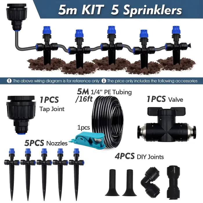 Kit d'irrigation de jardin 1/4'' avec goutteur extérieur 8 trous et piquet, arroseur réglable et rac