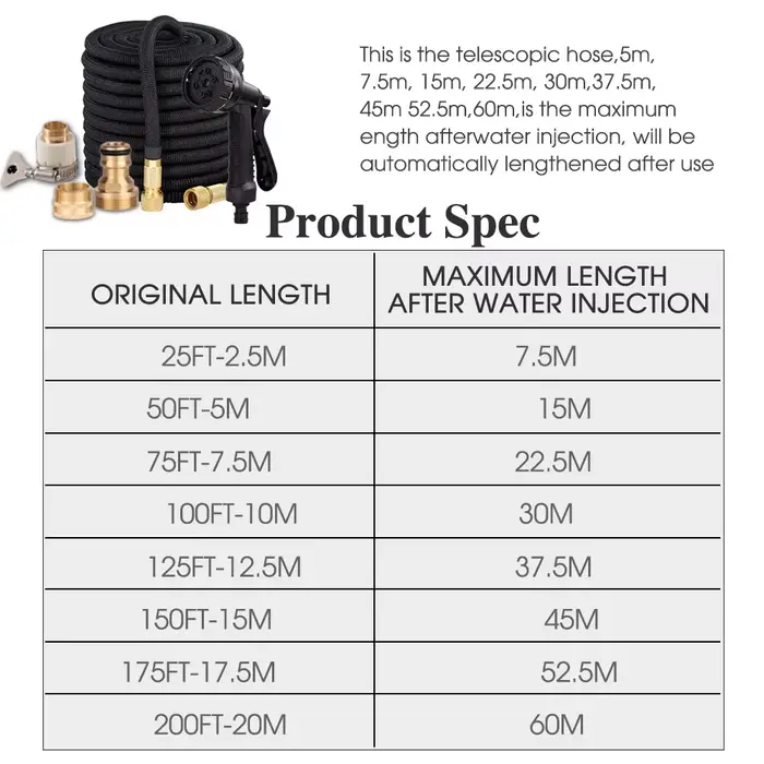 Tuyau d'arrosage de jardin extensible noir, 25-150 pieds, odorà eau, kit de pulvérisateur pour la ma