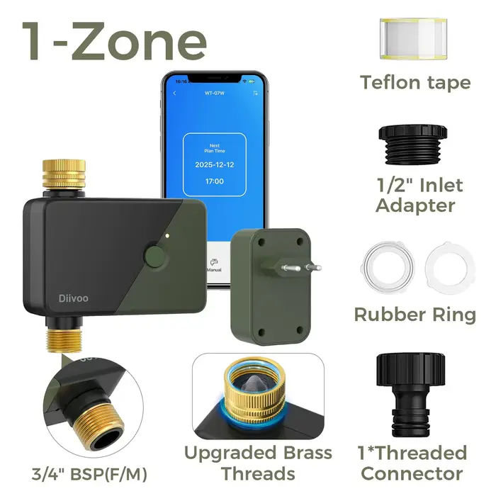 Programmateur d'arrosage WiFi Diivoo 1 zone, système d'irrigation de jardin intelligent programmable