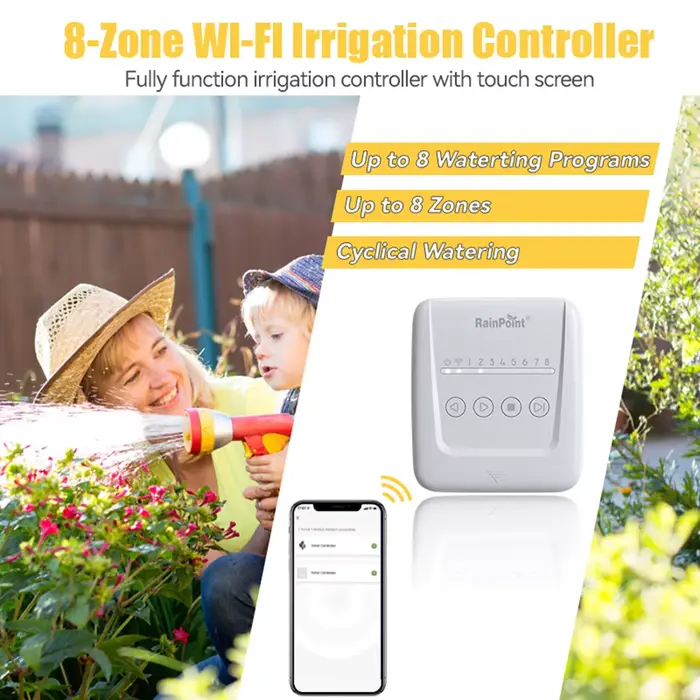 Programmateur d'arrosage intelligent Wi-Fi 8 zones pour jardin et cour