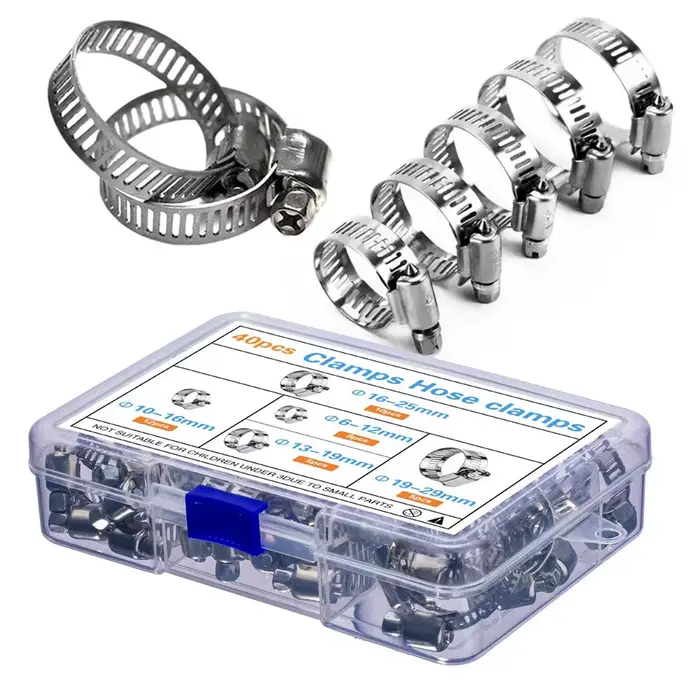 Colliers de serrage à vis sans fin pour tuyaux en acier inoxydable 40 pièces 5 tailles pour tuyaux non métalliques d'eau gaz et silicone amélioration de maison et bricolage