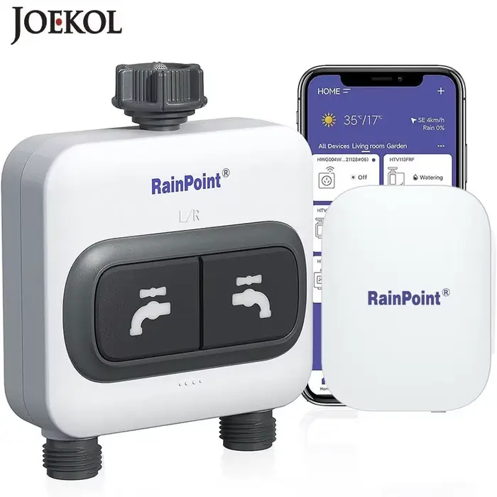 Minuterie d'arrosage intelligente à 2 zones RainPoint, contrôle à distance, irrigation et brumisation, pour jardin, programmable via application mobile, compatible Google Assistant et Amazon Alexa, idéal pour jardins familiaux et amateurs de jardinage