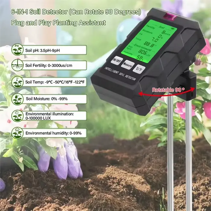 Nouveau 6 en 1 Testeur de Sol pour Mesurer Fertilité du Sol pH Température Humidité Ensoleillement Humidité de l'Air Jardinage Occasions Spéciales