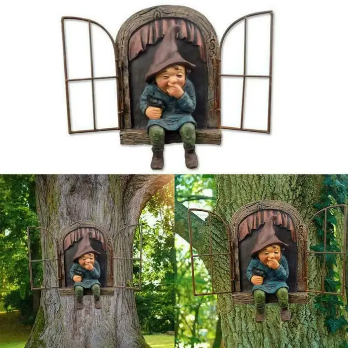 Statue de gnome de jardin coquin, elfe, câlin d'arbre, décor de cour à la maison, porte