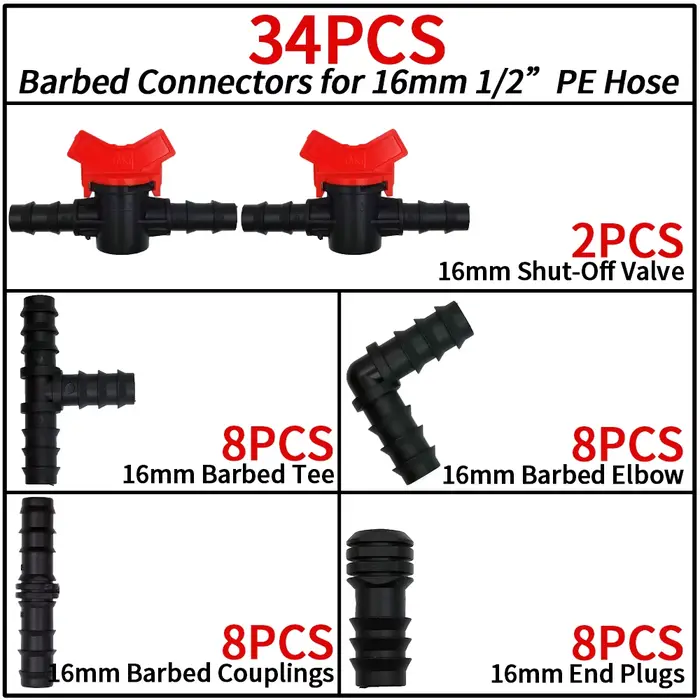 Kit de raccords d'irrigation goutte à goutte 1/2 pouces 16mm 34 pièces connecteurs de jardin pour systèmes d'arrosage durables et efficaces occasions de jardinage
