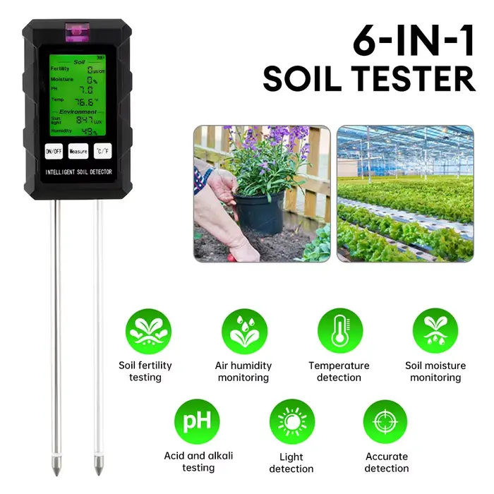 Testeur de sol numérique multifonctionnel 6 en 1 pour mesurer pH, humidiété, fertilité, température et lumière jardinage occasionnels et professionnels