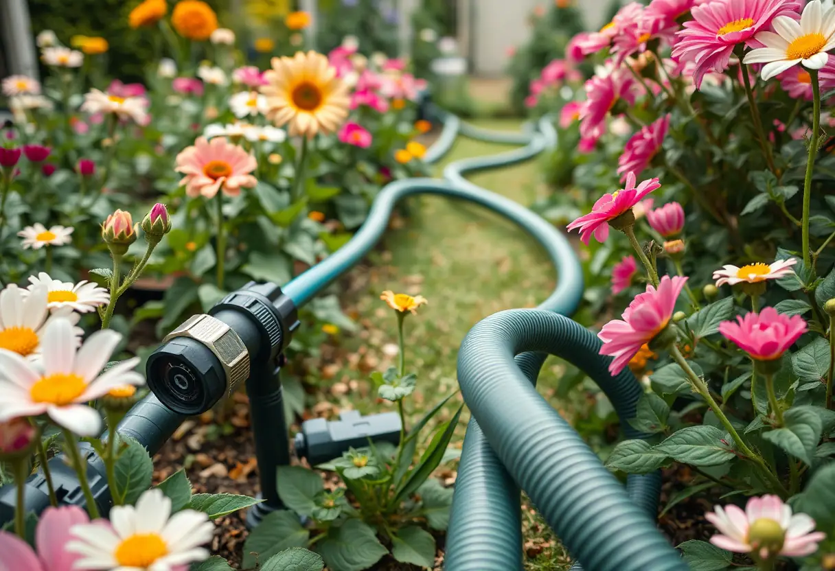 Un tuyau d'arrosage serpentant à travers un jardin fleuri, connecté par des adaptateurs métalliques