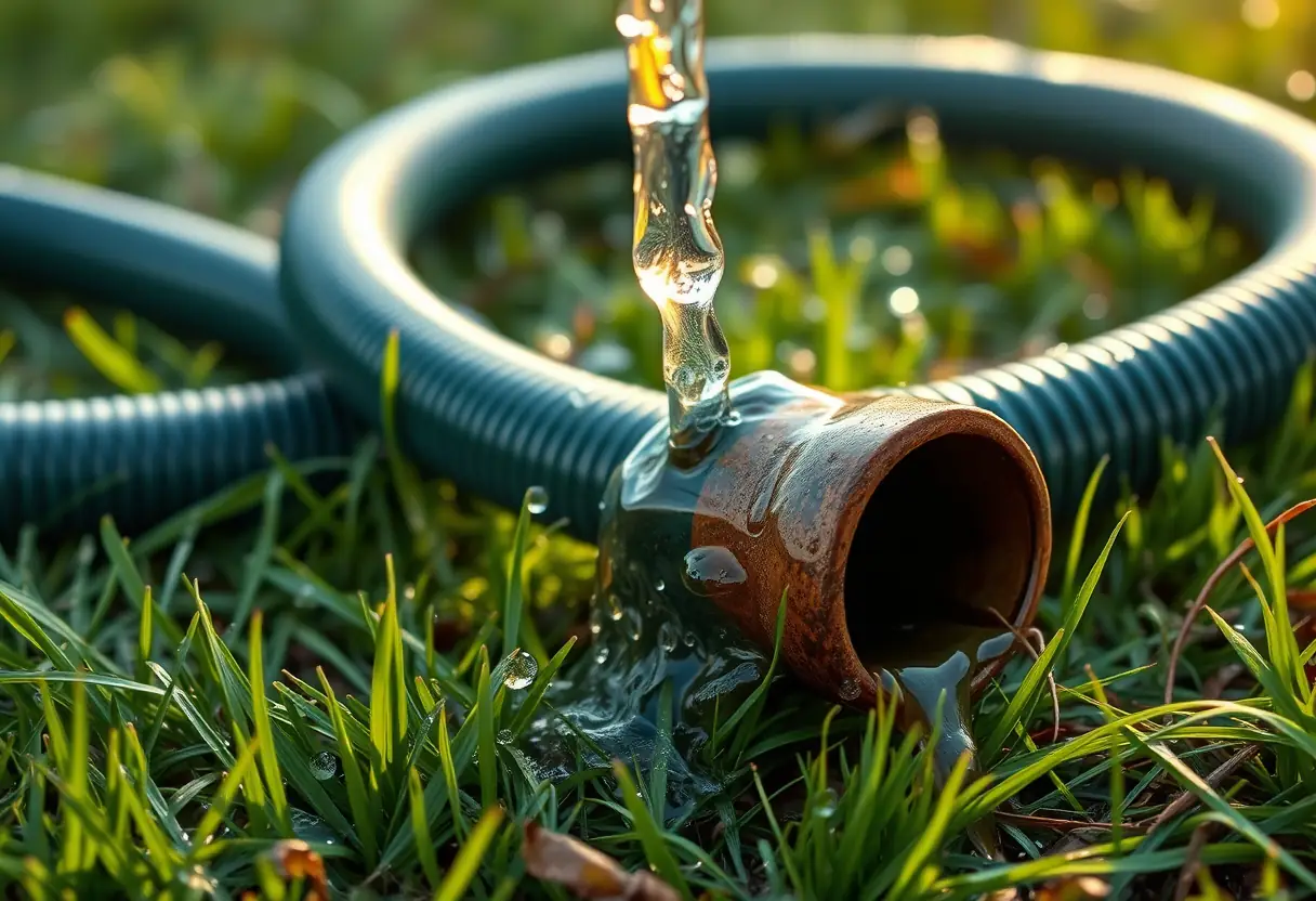 Tuyau d'arrosage sur l'herbe avec une section bouchée