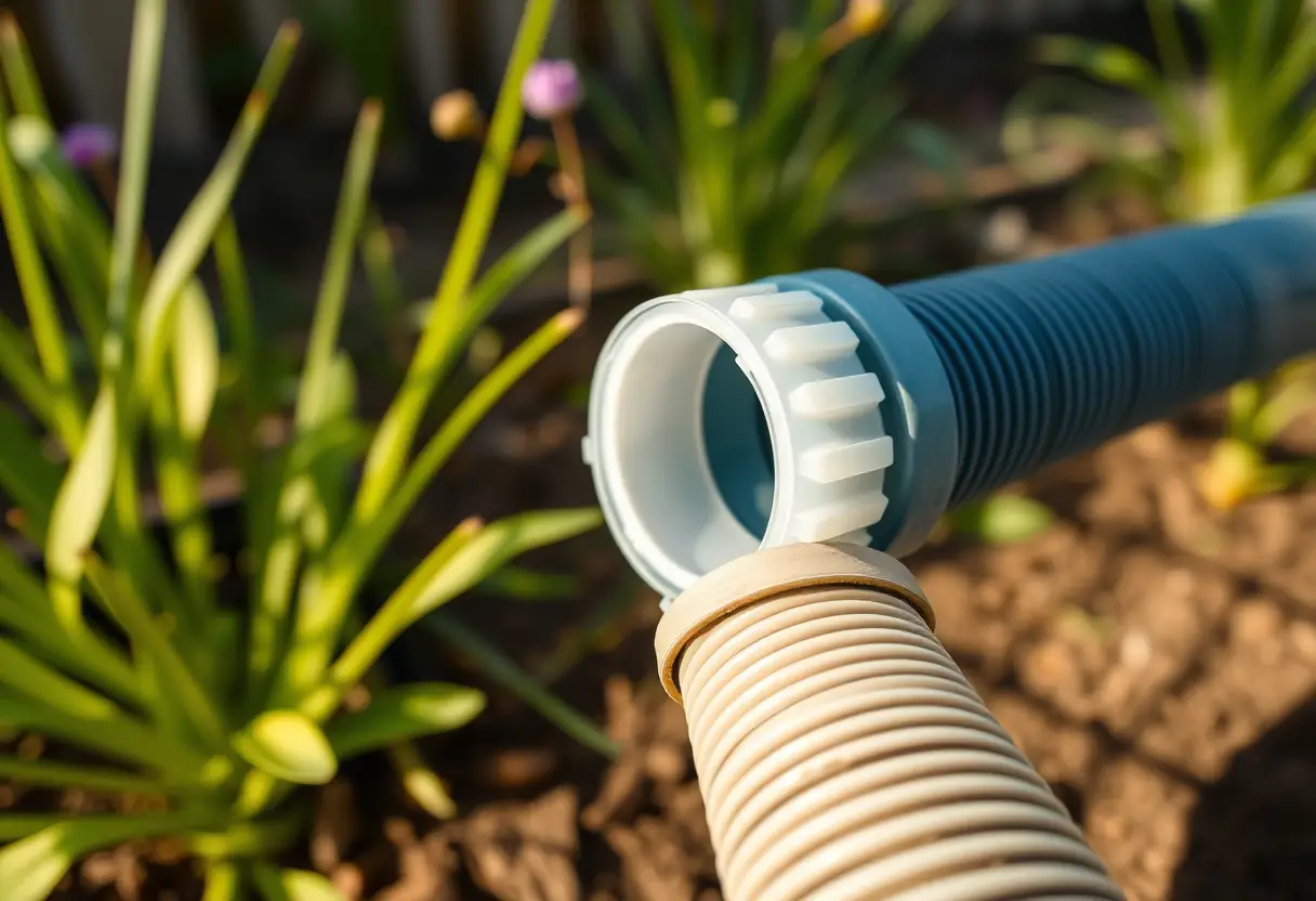Un collier de serrage en plastique sur un tuyau d'arrosage en plein jardin