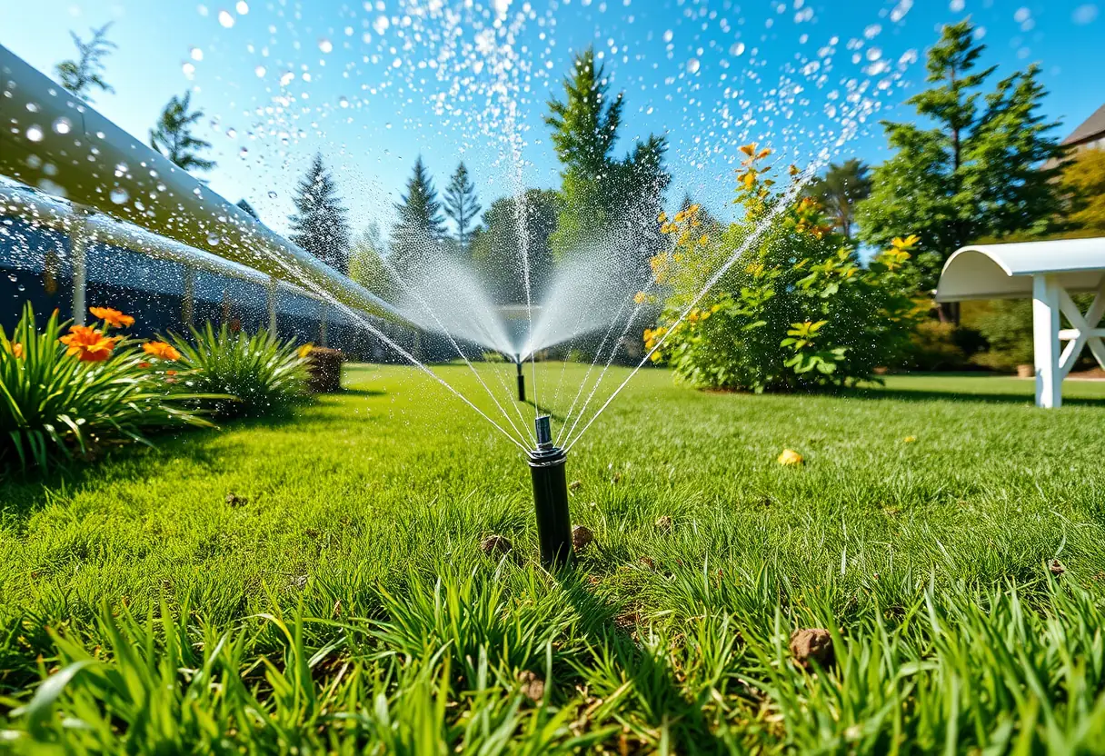 Vue panoramique d'un jardin avec un système d'arrosage utilisant des tuyaux en PVC de grand diamètre