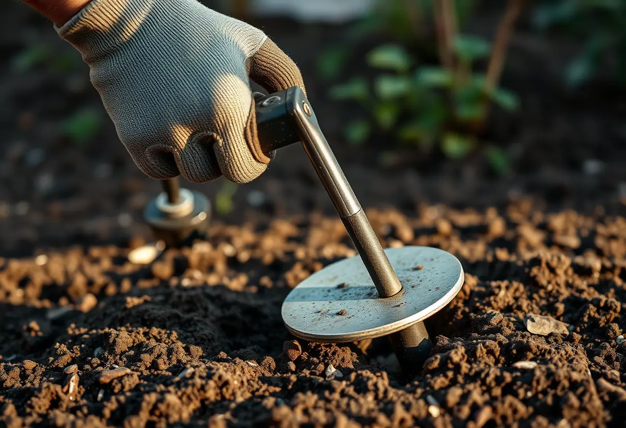 Main d'un jardinier tournant la manivelle d'un enrouleur
