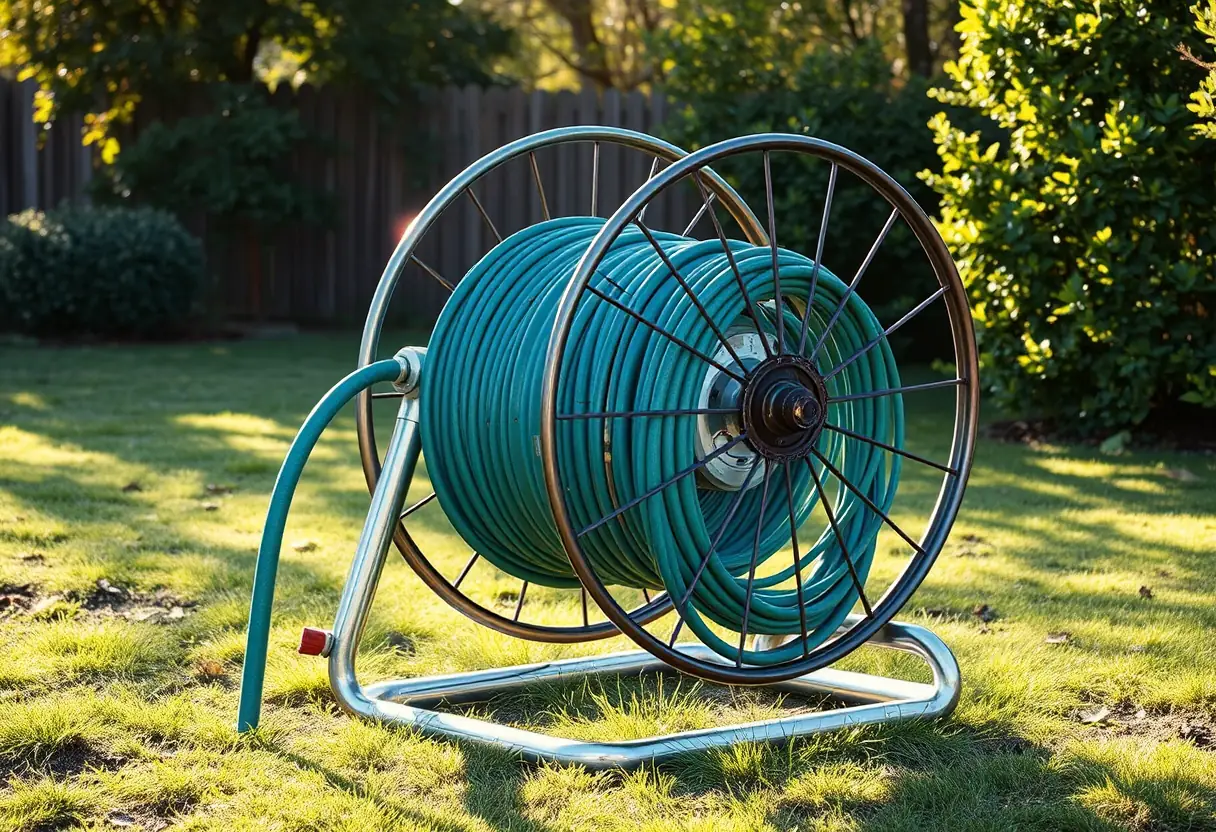 Un enrouleur de jardin à cadre en métal sous le soleil