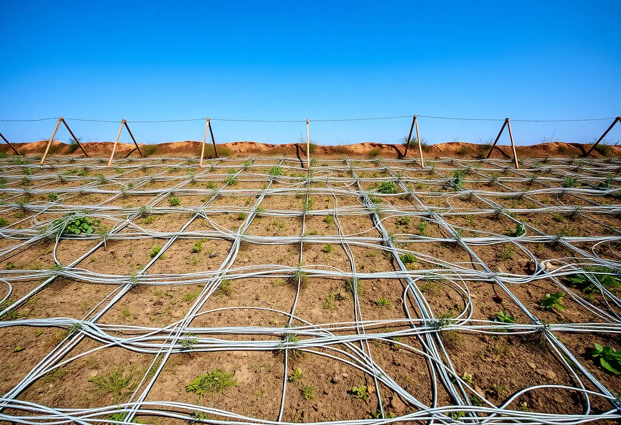 Un réseau de tuyaux d'irrigation posés dans un jardin