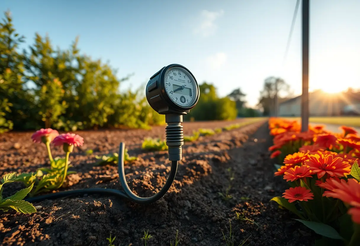 Minuteur d'arrosage près de lits de fleurs sous le soleil du soir