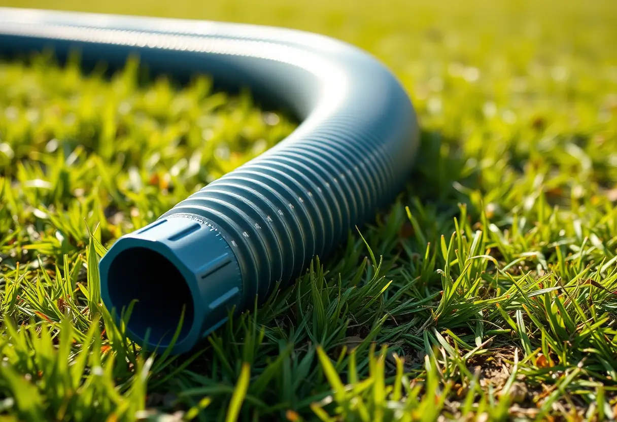 Un tuyau en plastique posé sur une pelouse au soleil de l'après-midi