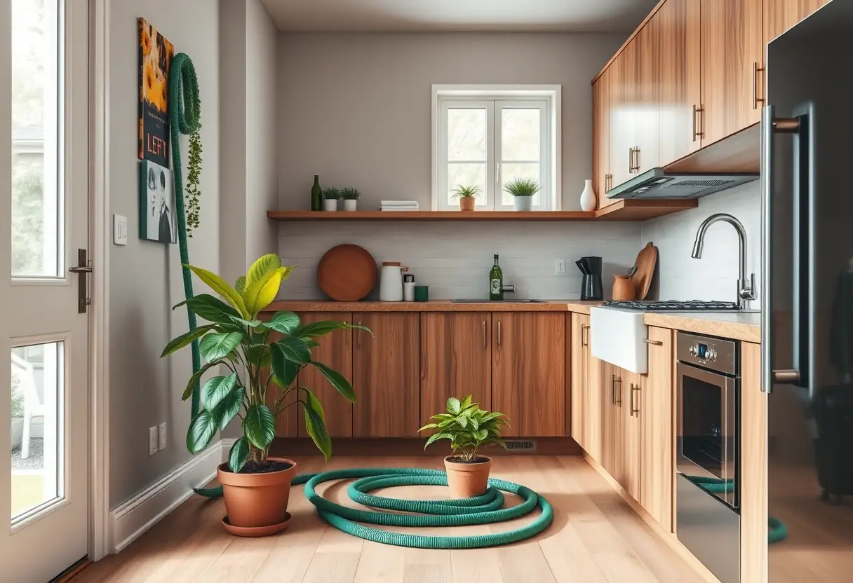 Tuyau d'arrosage allant du robinet à un pot de plante dans une cuisine