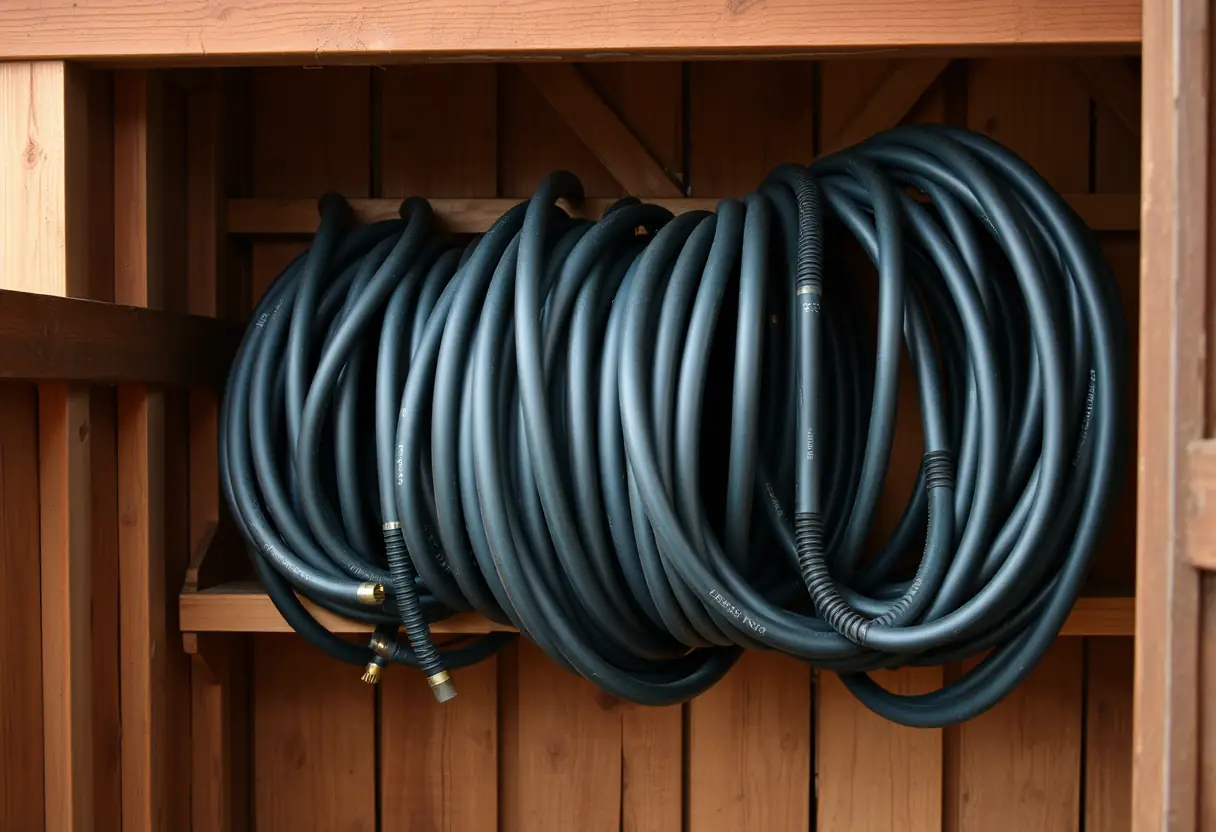 Raccords de tuyaux stockés dans un hangar de jardin
