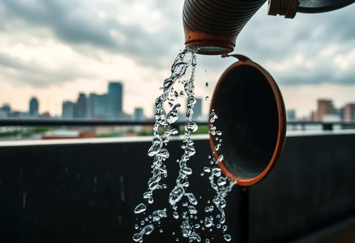 Eau qui ruisselle dans un tuyau d'évacuation en métal ondulé sous la pluie