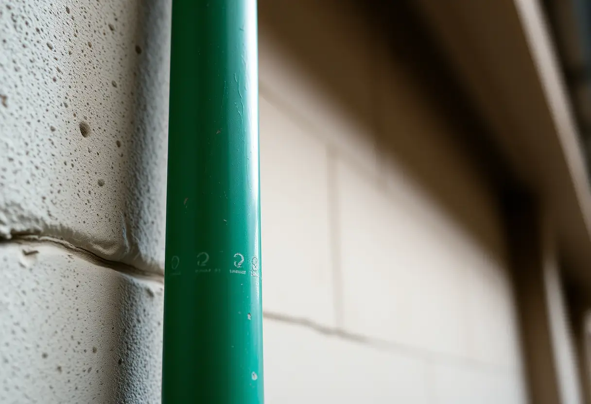 Vue rapprochée d'un tuyau vert debout contre un mur, révélant son revêtement en plastique usé