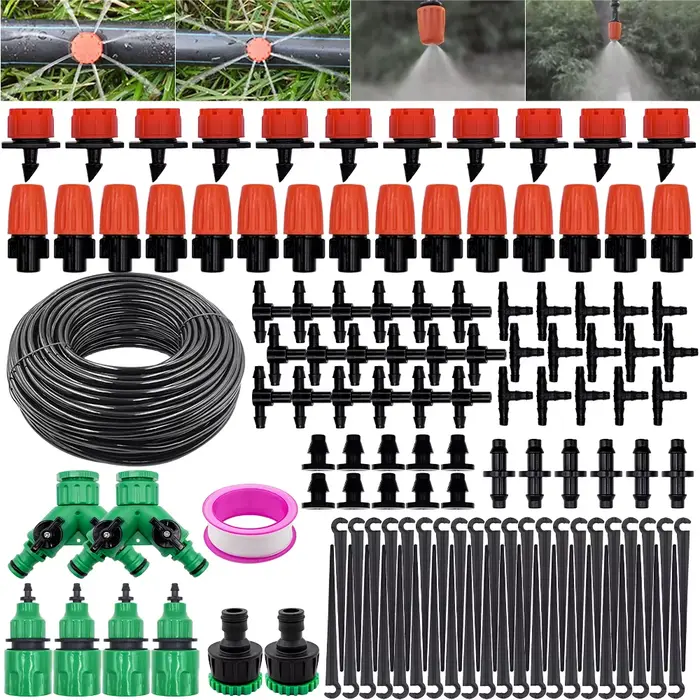 Kit d'arrosage goutte-à-goutte réglable pour jardin en kits d'arrosage blanc, bourgogne, jaune, rouge节水灌溉套件适用于花园，带有可调节的滴灌功能，有白色、酒红色、黄色和红色多种颜色选择。