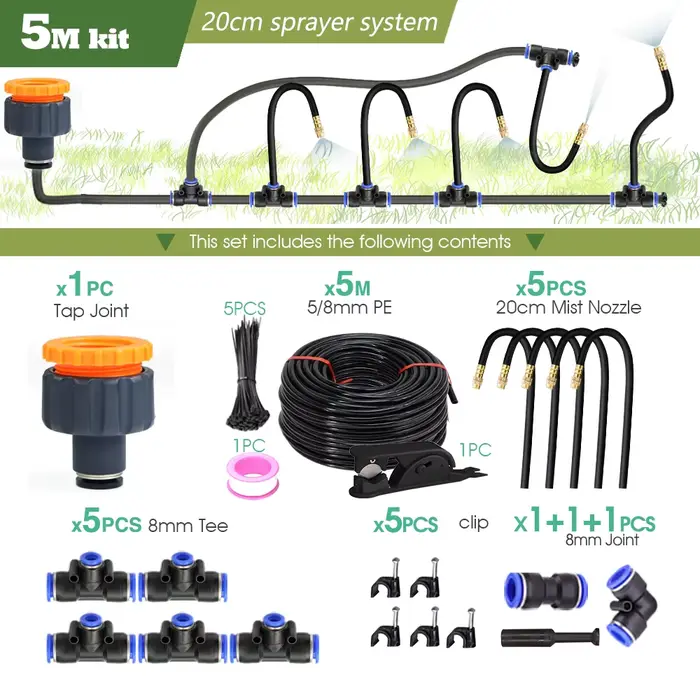 Kit de pulvérisation universel à flexion libre, 30M-5M, tuyau de 8mm, système de refroidissement par