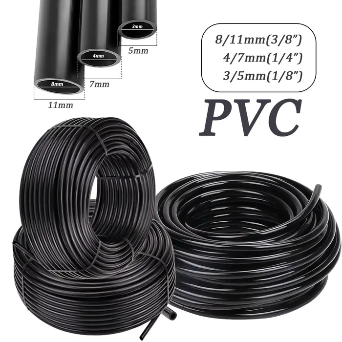 Tuyaux d'irrigation goutte à goutte en PVC noir de 3/5 mm, 4/7 mm, 8/11 mm (1/8'', 1/4'', 3/8'') de 10 à 100 m pour système d'arrosage des plantes