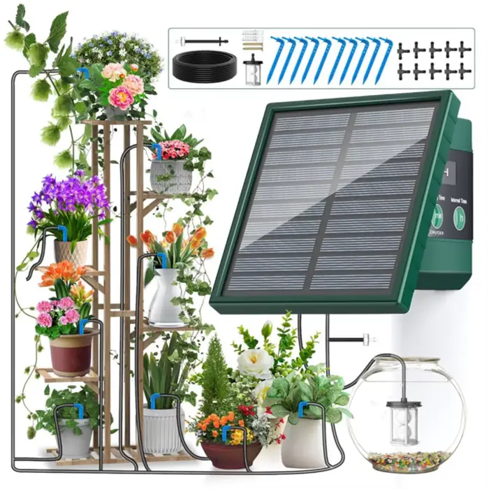 Kit d'arrosage goutte-à-goutte solaire automatique robuste pour jardin, balcon et bricolage occasionnel usage intérieur et extérieur