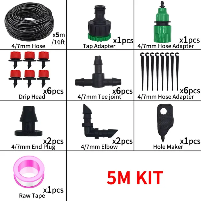Kit de système d'irrigation par micro-goutte 5-20M, goutteurs et buses réglables pour jardin, Patio,