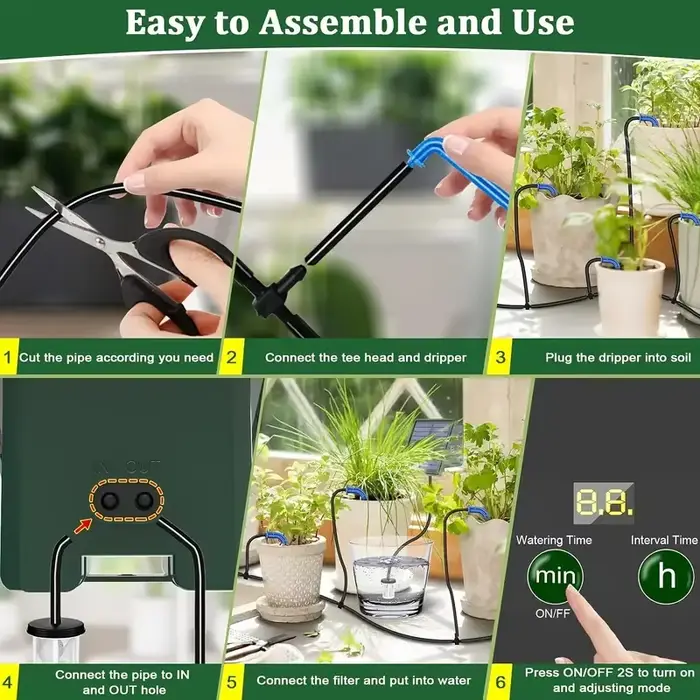 Kit d'irrigation goutte-à-goutte solaire pour lits surélevés, serres, jardins végétaux, plantes suspendues et projets DIY