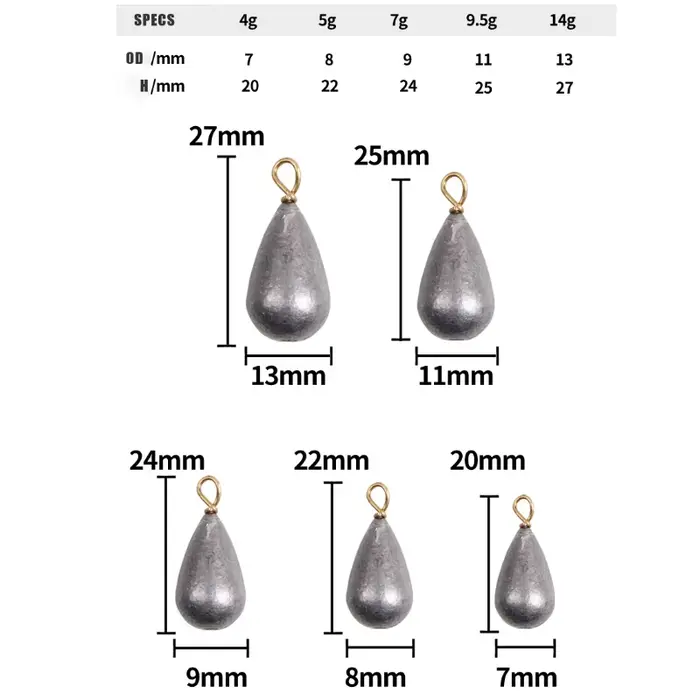10 Plombs en forme de goutte d'eau avec émerillon en laiton, 3.5g 5g 7g 10g 14g, pour lancer longue 