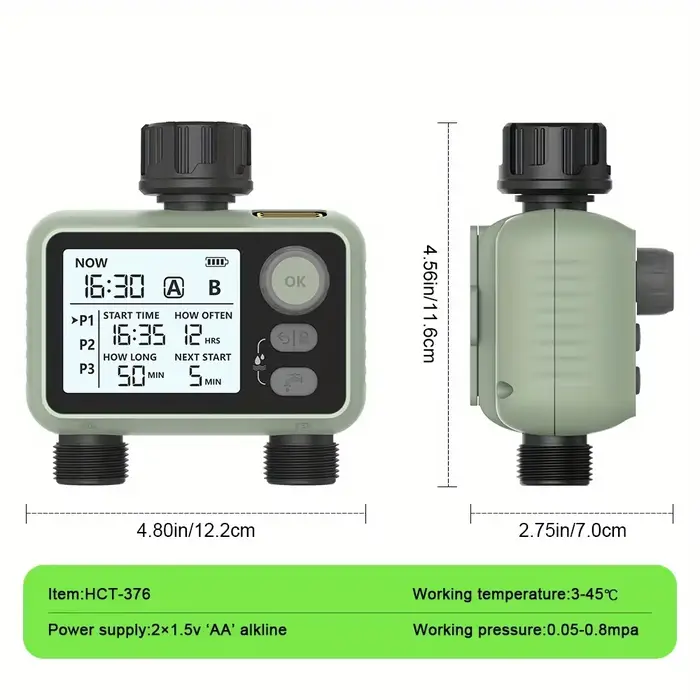 Programmateur d'arrosage de jardin Eshico HCT-376 à 2 sorties avec capteur de pluie intelligent et commande par bouton