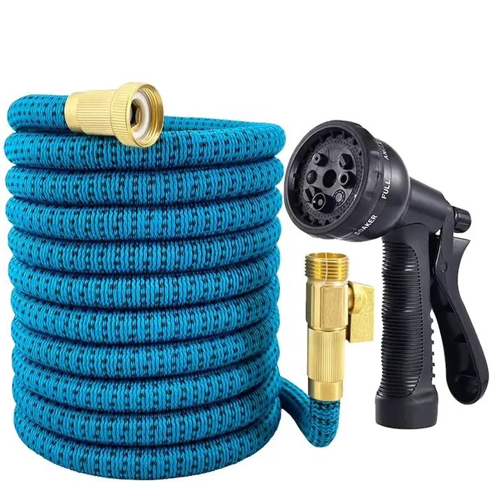 Tuyau d'arrosage extensible avec robinet d'arrêt, buse haute pression, raccord en laiton, utilisé po