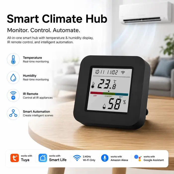 Moniteur intelligent de température et d'humidité WiFi avec écran LCD et télécommande IR, contrôleur de climat intelligent pour climatiseur, ventilateur, chauffage, Tuya Smart